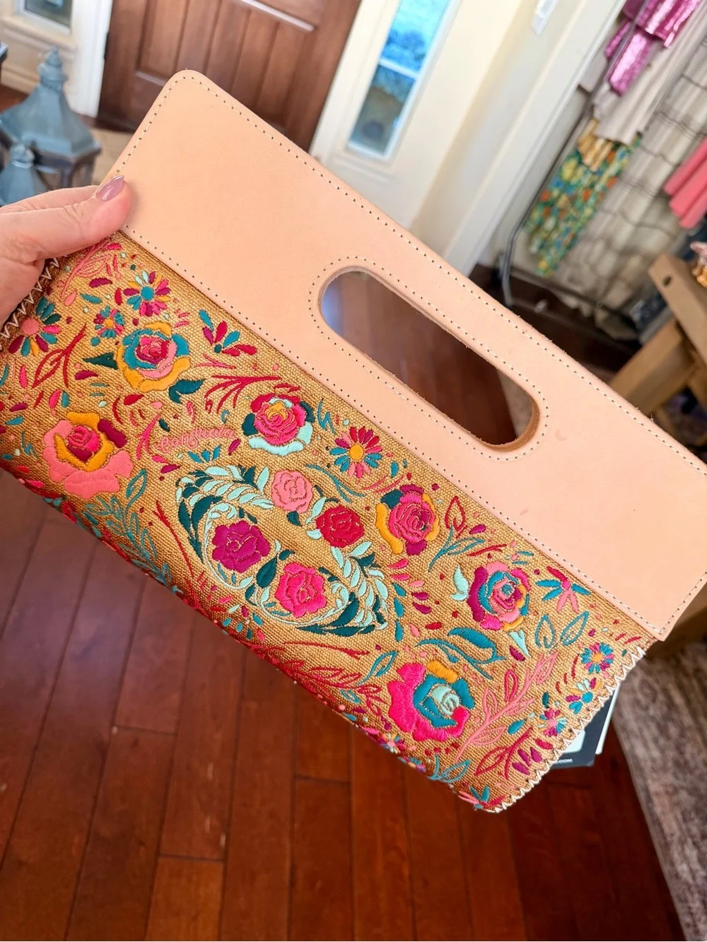 Consuela Tan Floral Embroidered Clutch with Pink & Teal Accents